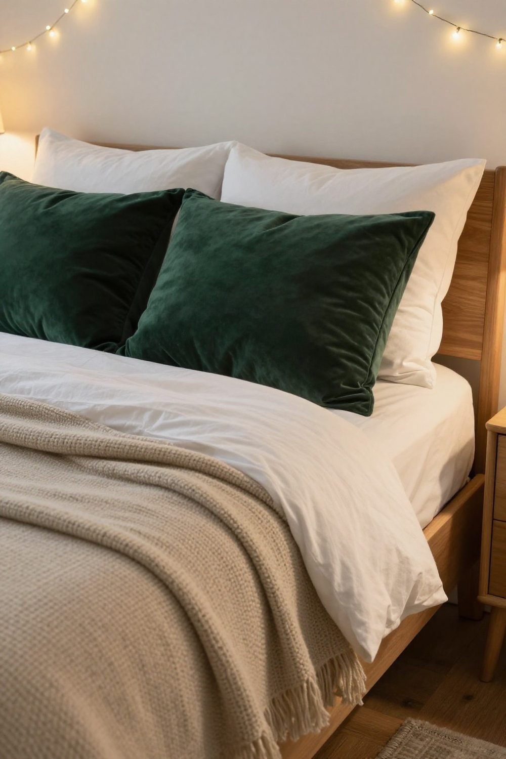 Deep green velvet pillow shams in front of white bed pillows on a made bed