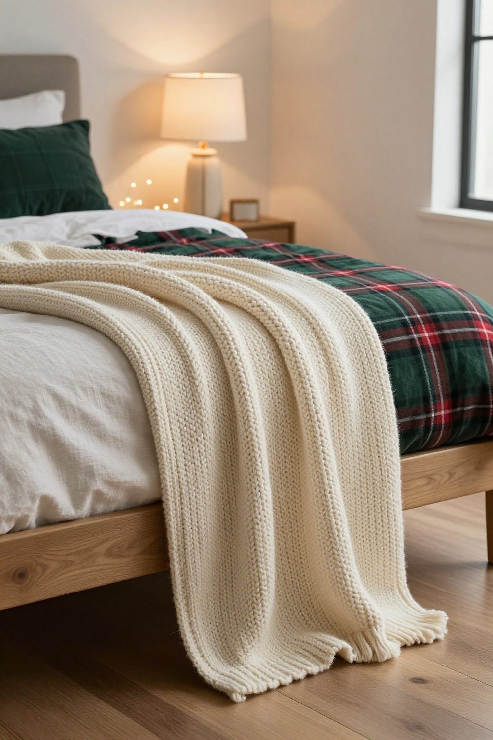 Chunky cream knit throw folded across the foot of a bed with plaid bedding