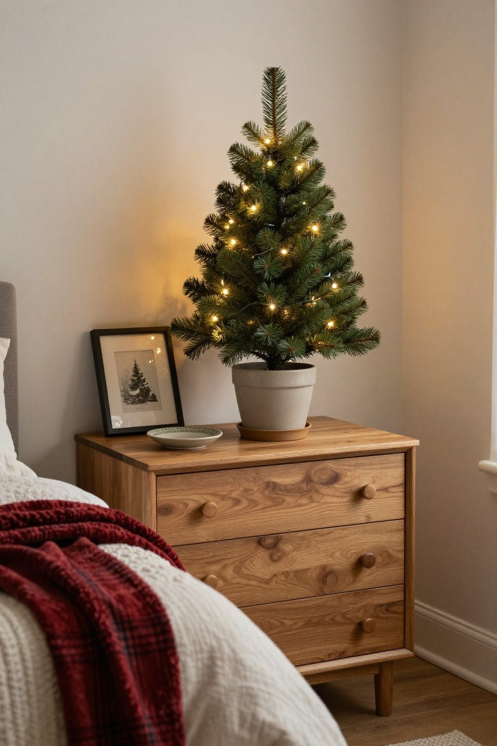 Small tabletop Christmas tree with warm white lights on a wooden bedroom dresser
