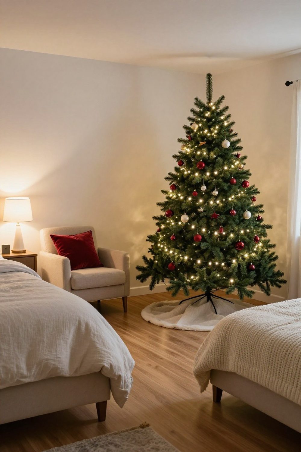 Slim decorated Christmas tree in the corner of a large bedroom beside an armchair