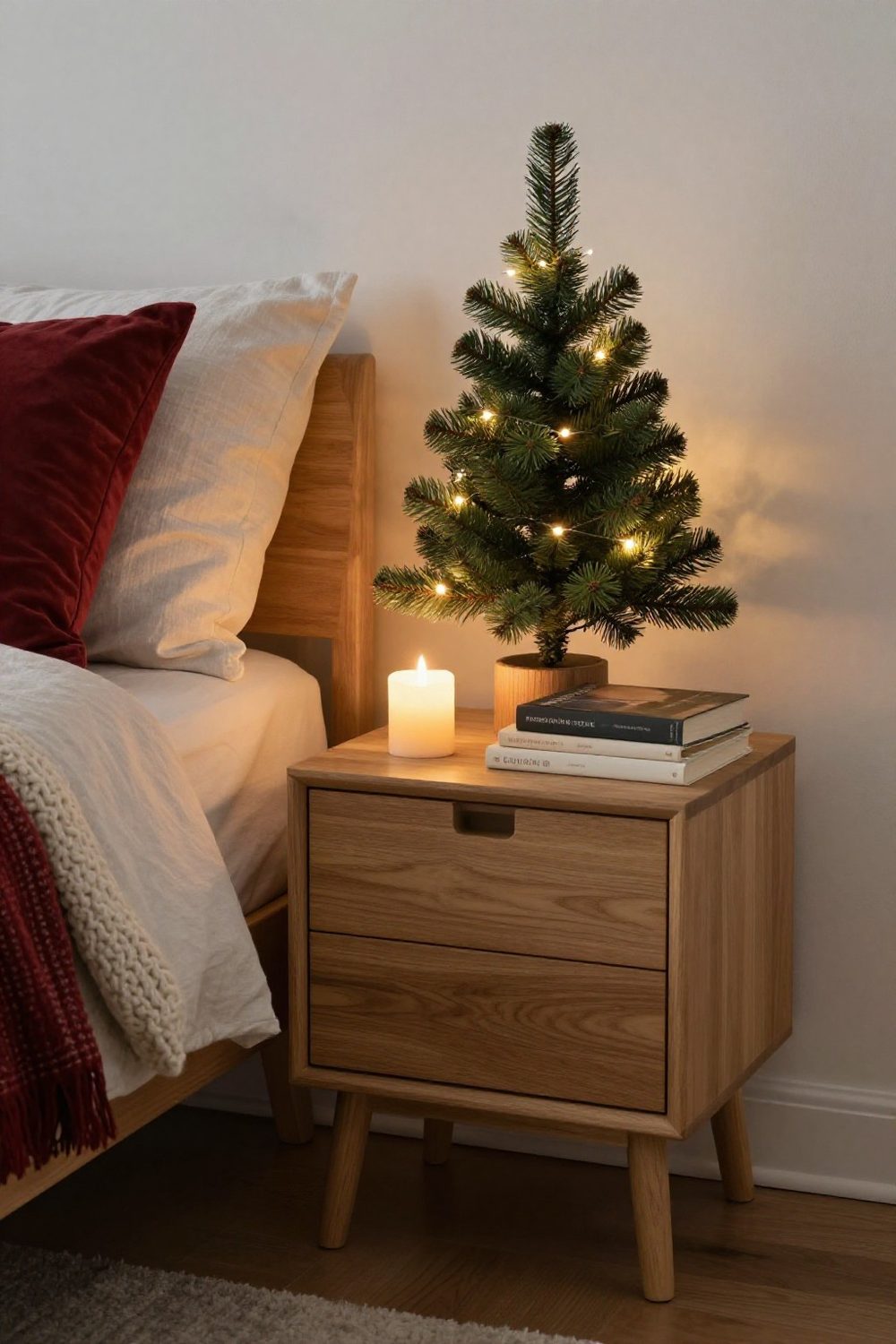 Nightstand with a mini Christmas tree, a flameless candle and a stack of books