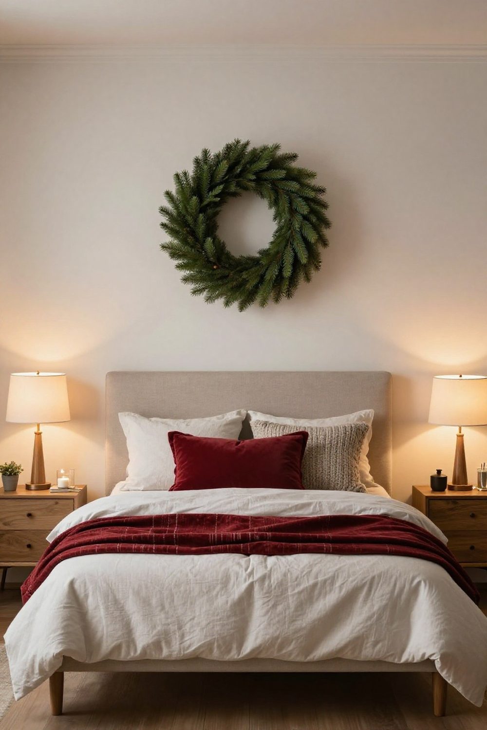 Lightweight evergreen wreath hung on the wall above a bed with a neutral headboard