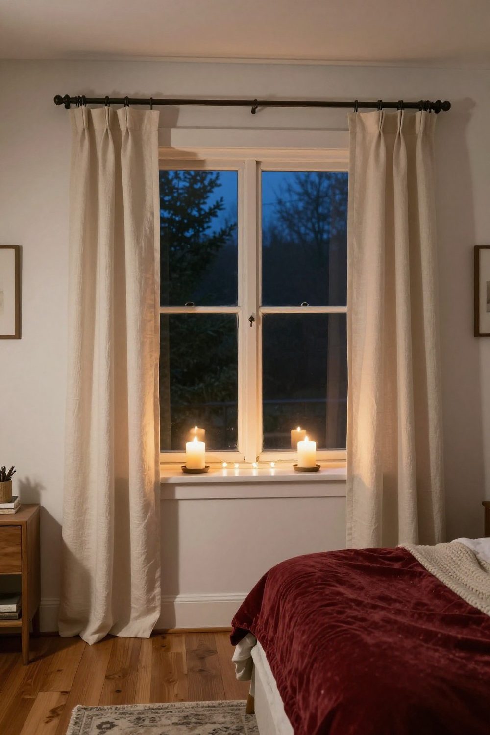 Electric candle lights glowing on a bedroom windowsill at night