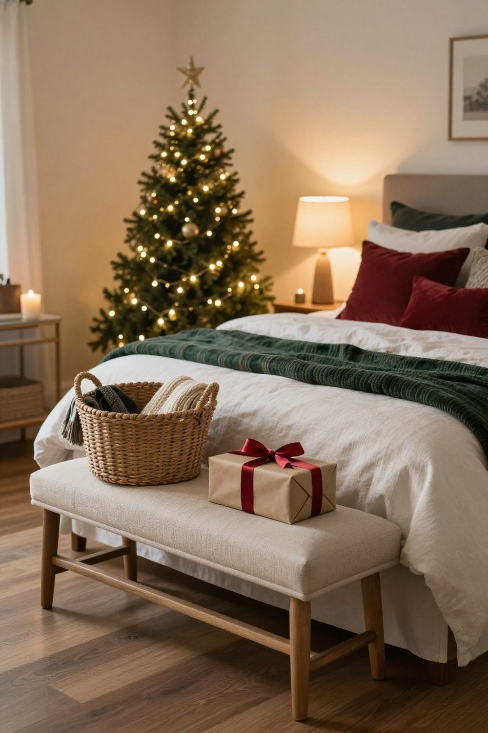 Upholstered bench at the foot of a bed with a basket of throws and a wrapped gift