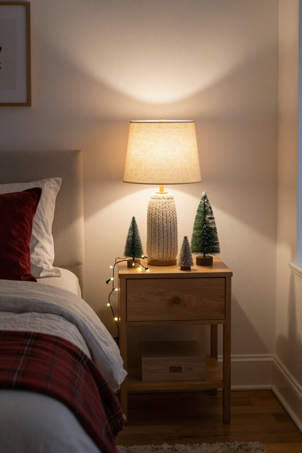 Bedside table lamp with warm light in a dim cozy bedroom decorated for Christmas