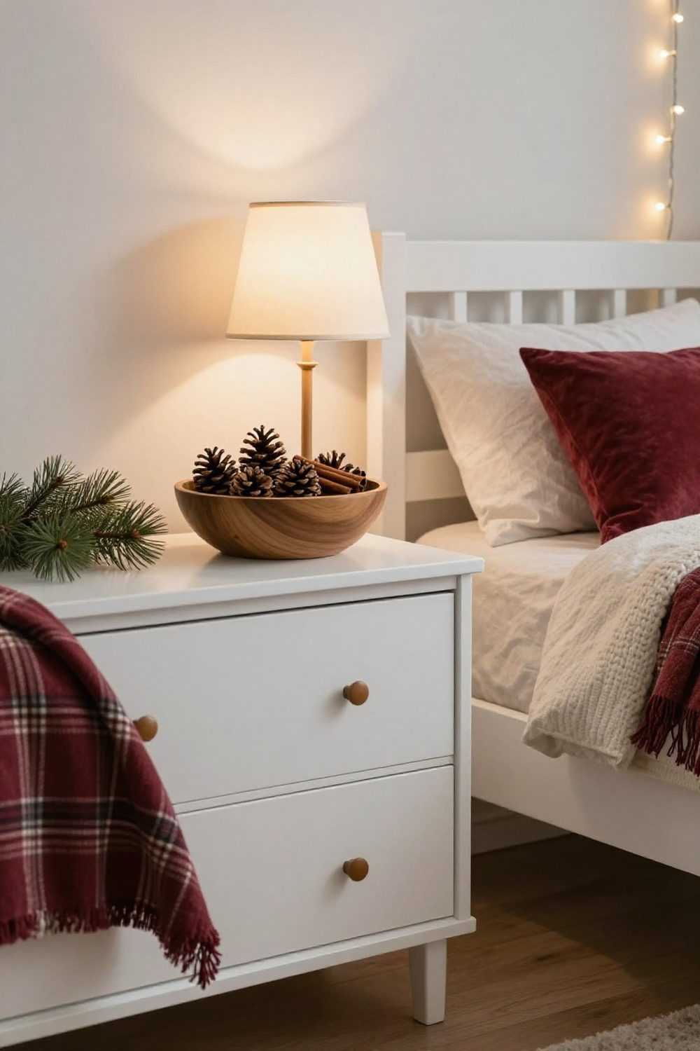 Wooden bowl of pinecones and cinnamon sticks on a bedroom dresser