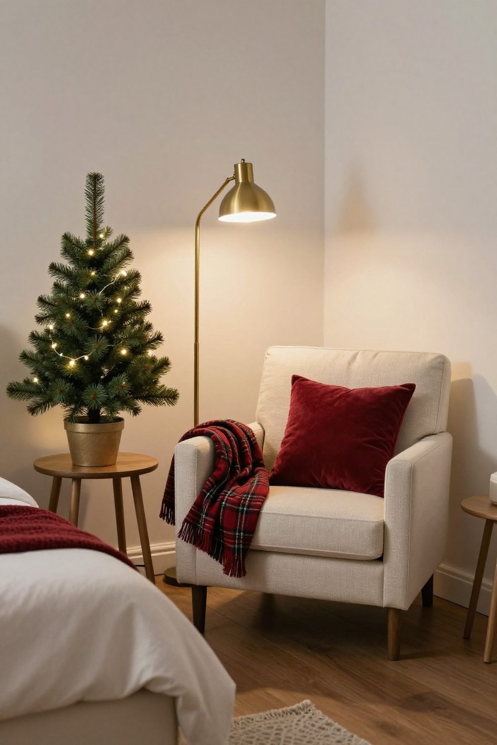 Armchair reading corner in a bedroom with a plaid throw, floor lamp and small Christmas tree