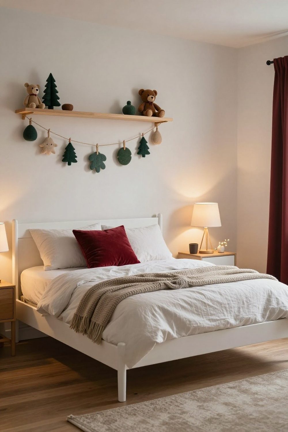 Child's bedroom with a twin bed, soft garland and plush toys decorated for Christmas