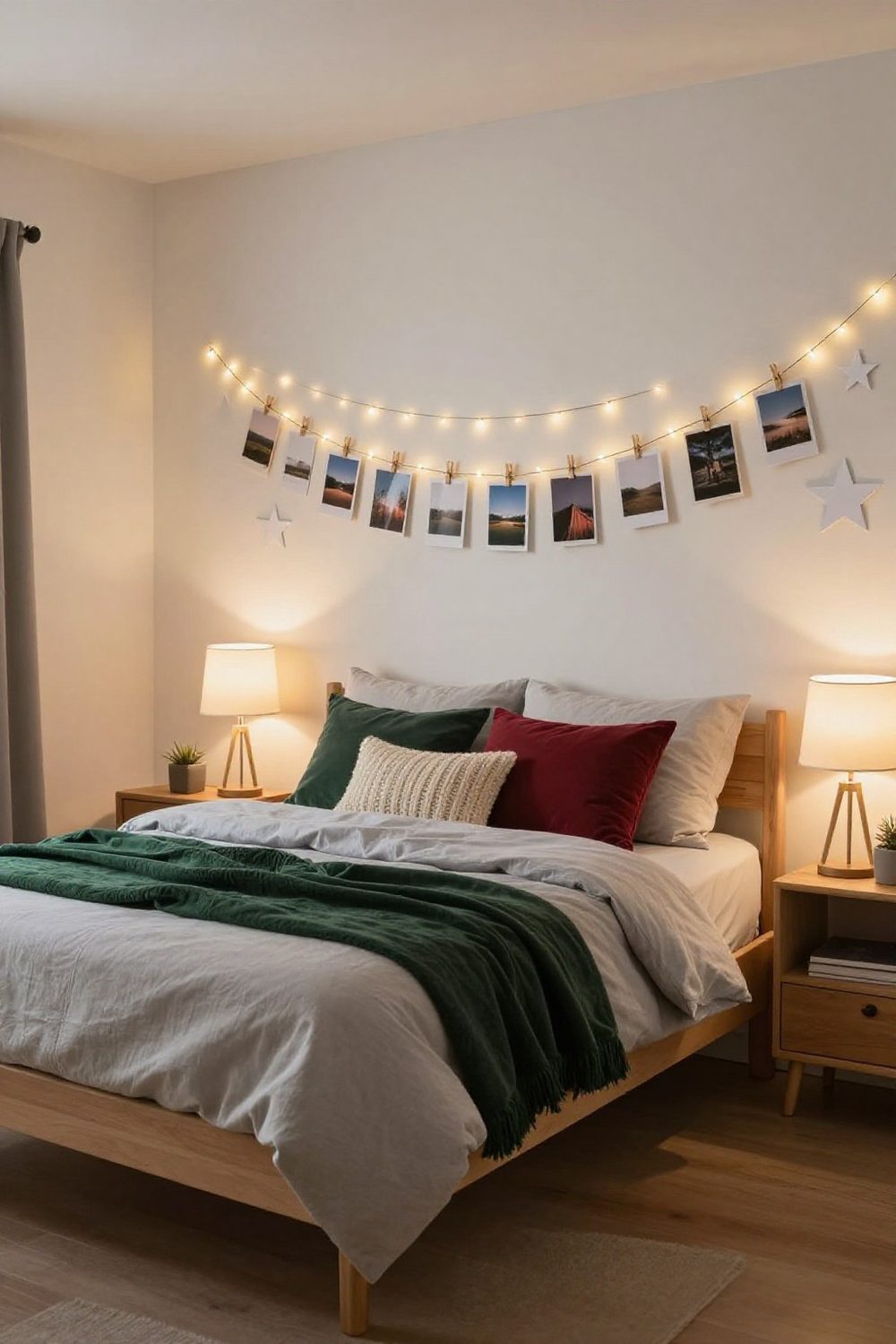 Teen bedroom wall with a string of photos clipped to warm fairy lights and paper stars