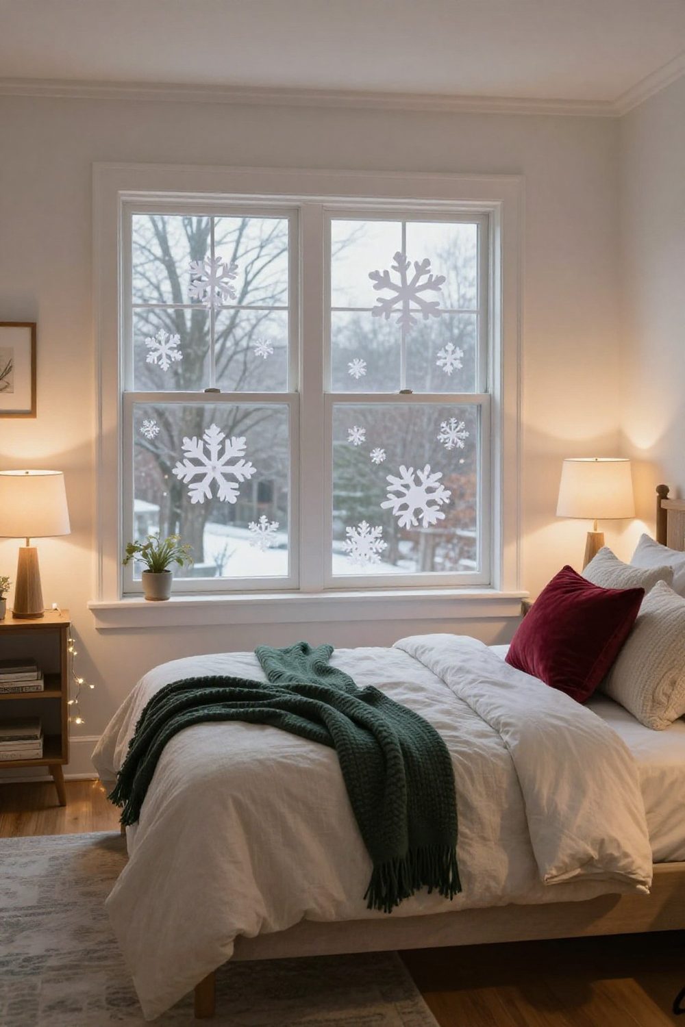 White paper snowflakes taped to a bedroom window with soft daylight