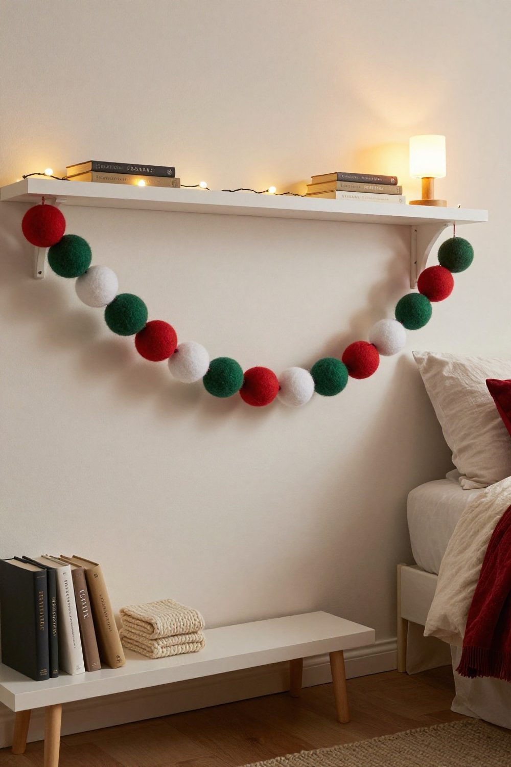 Felt ball garland in red, white and green draped along a bedroom shelf