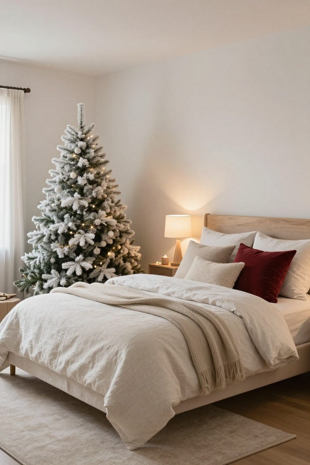 Neutral Christmas bedroom in white, cream and natural wood with a small flocked tree