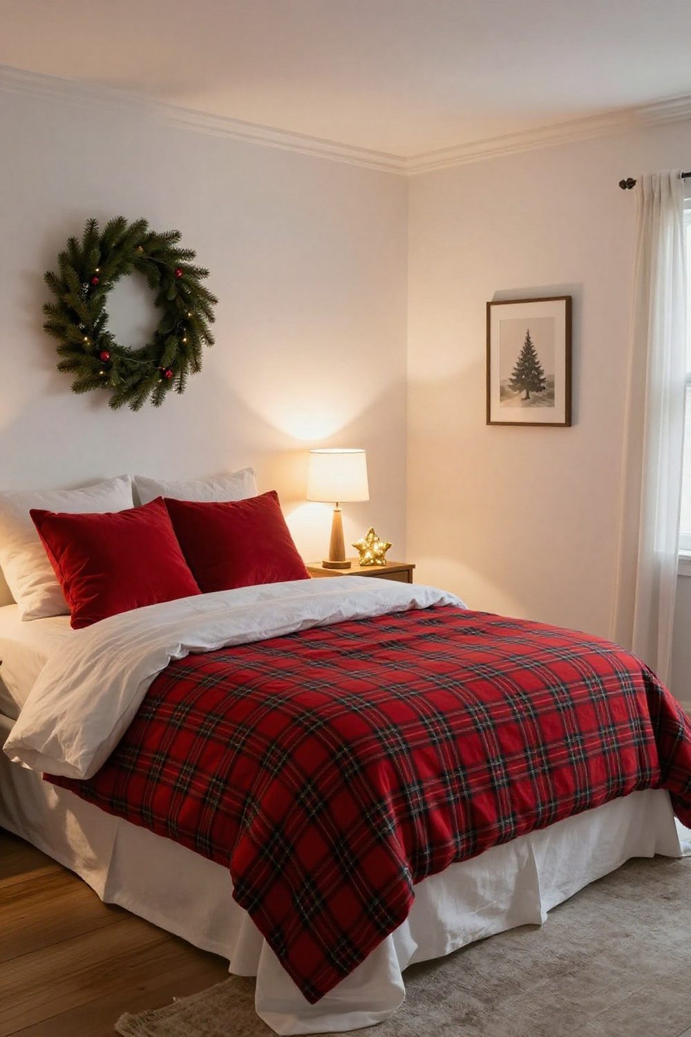 Classic red and white Christmas bedroom with red plaid bedding and white walls