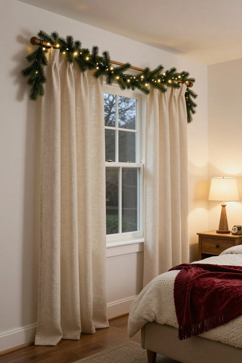 Faux pine garland wrapped along a curtain rod above bedroom curtains