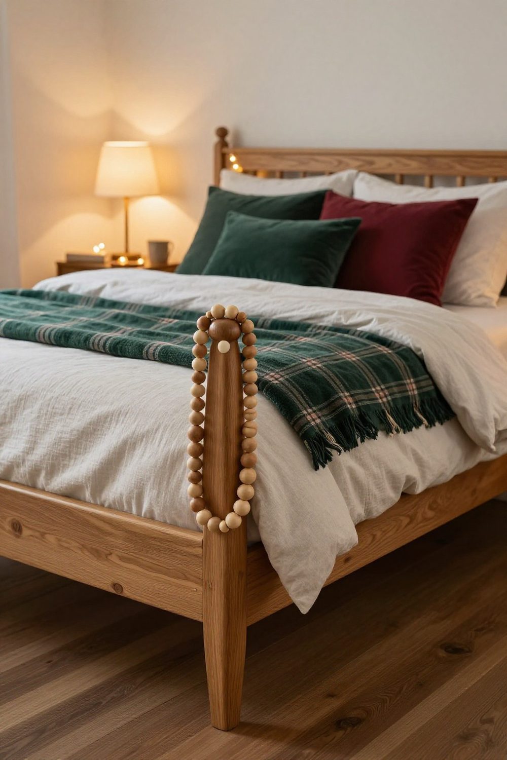 Wooden bead garland draped across the corner of a wooden bed frame