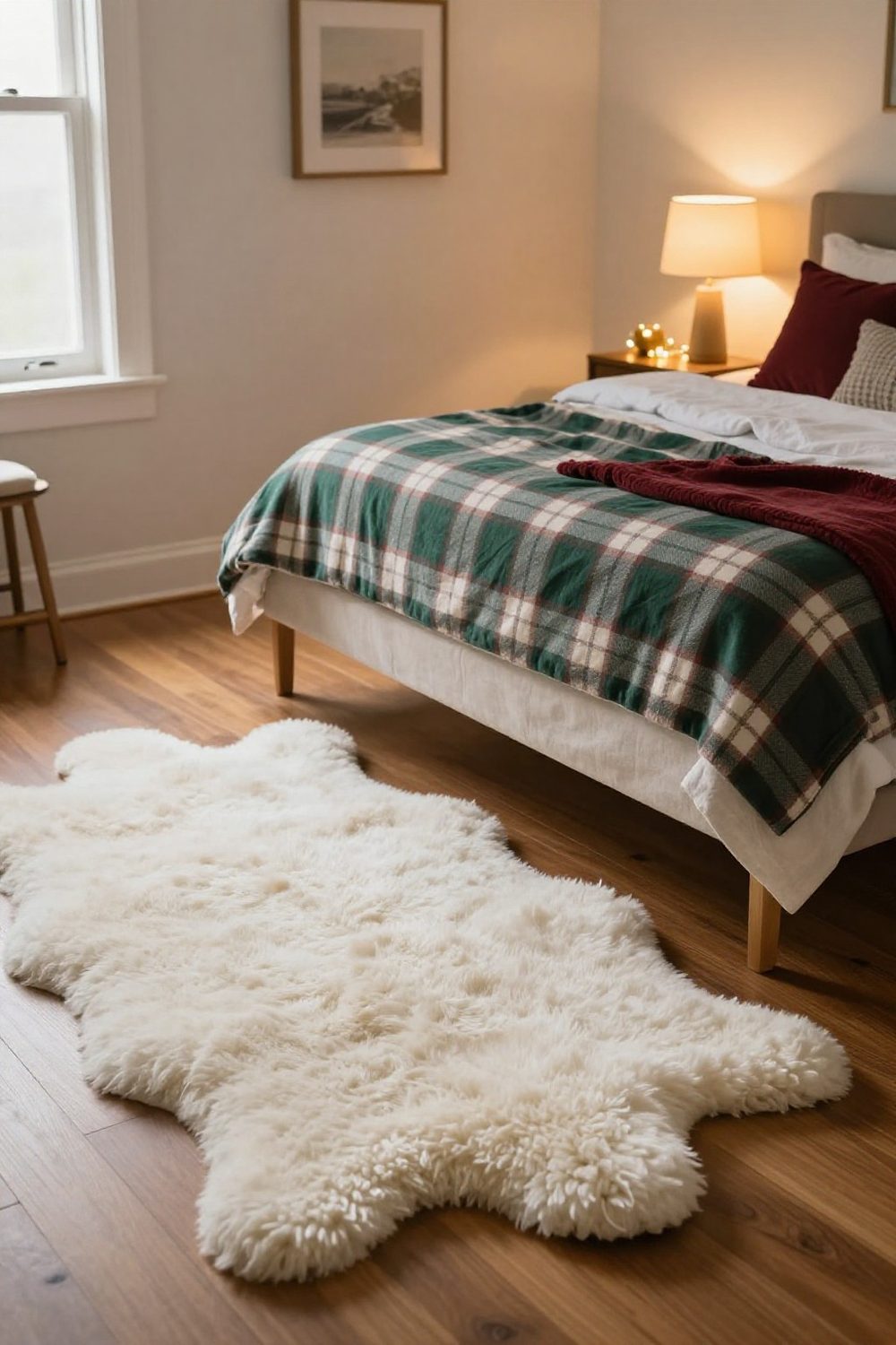 Sheepskin rug on a wooden floor beside a bed decorated with plaid bedding