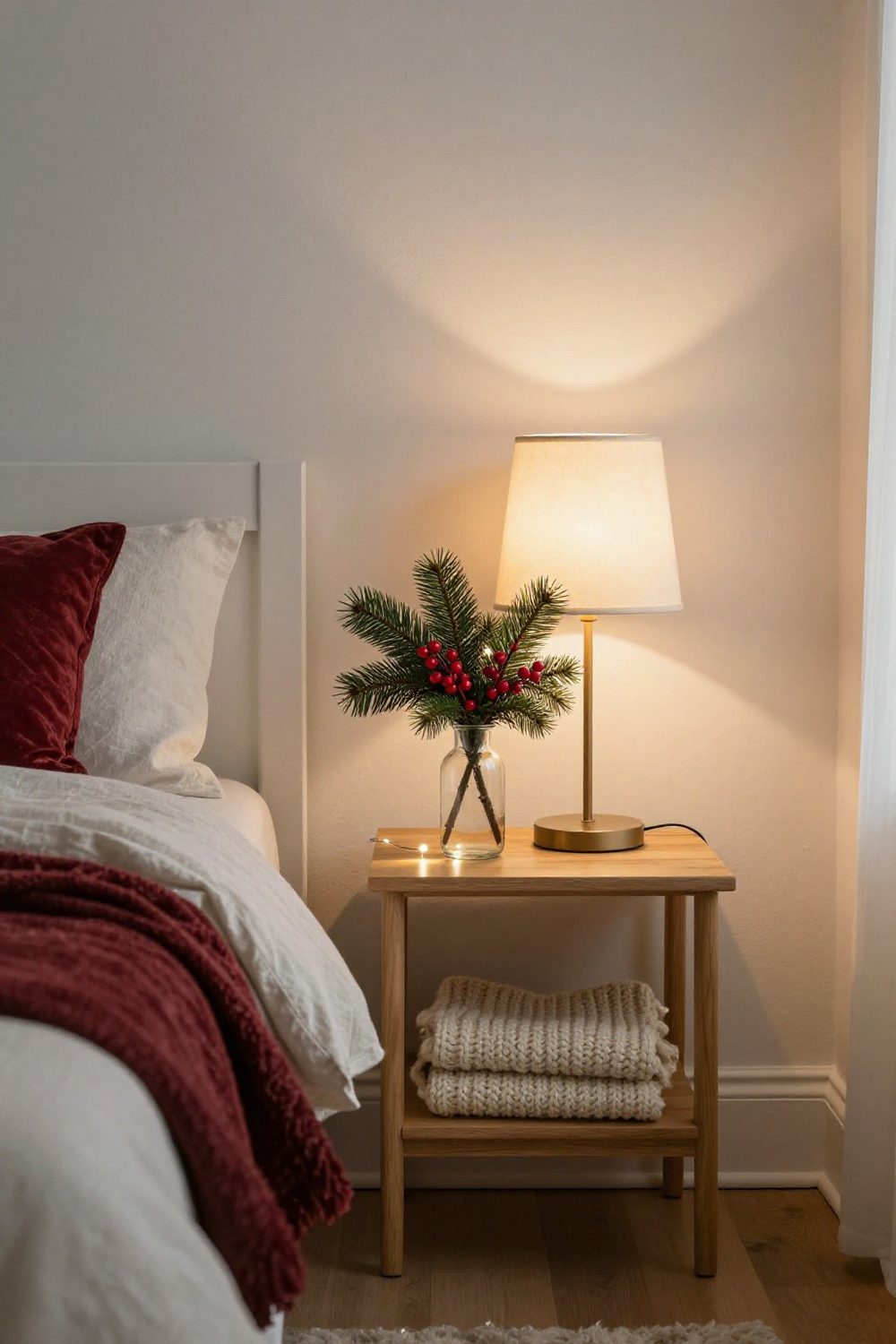 Small glass bud vase with evergreen sprigs and berries on a bedside table