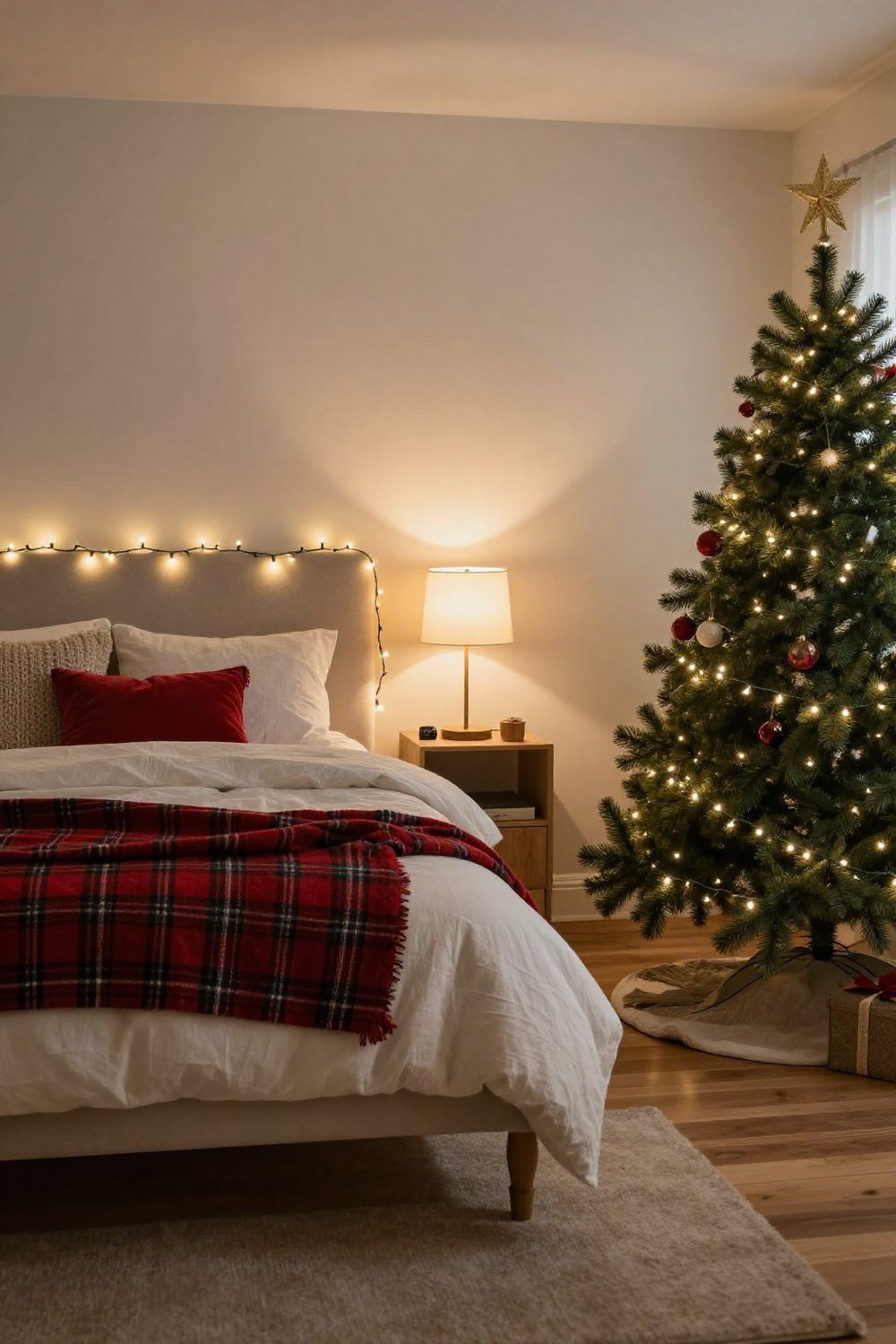Christmas bedroom at night lit only by warm fairy lights and a bedside lamp