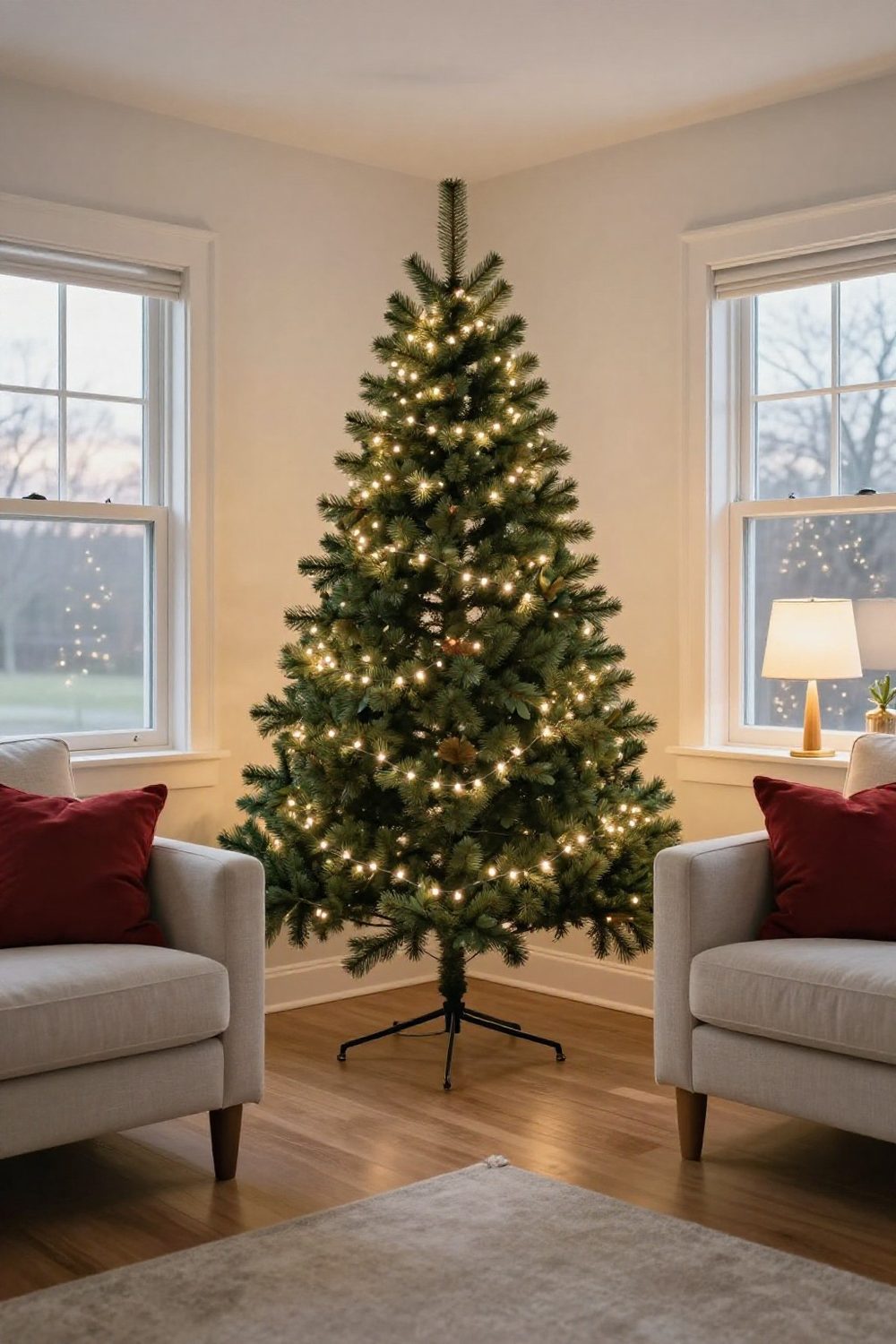 Slim Christmas tree with warm white lights in the corner of a small living room