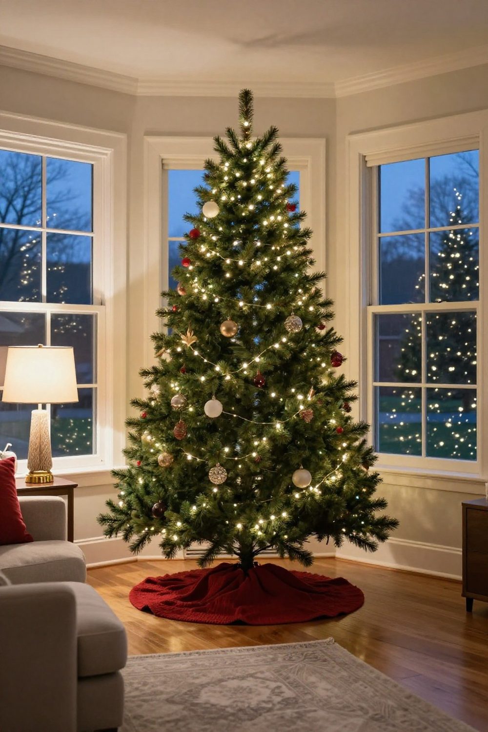 Christmas tree placed in front of a living room window at dusk, lights visible from outside