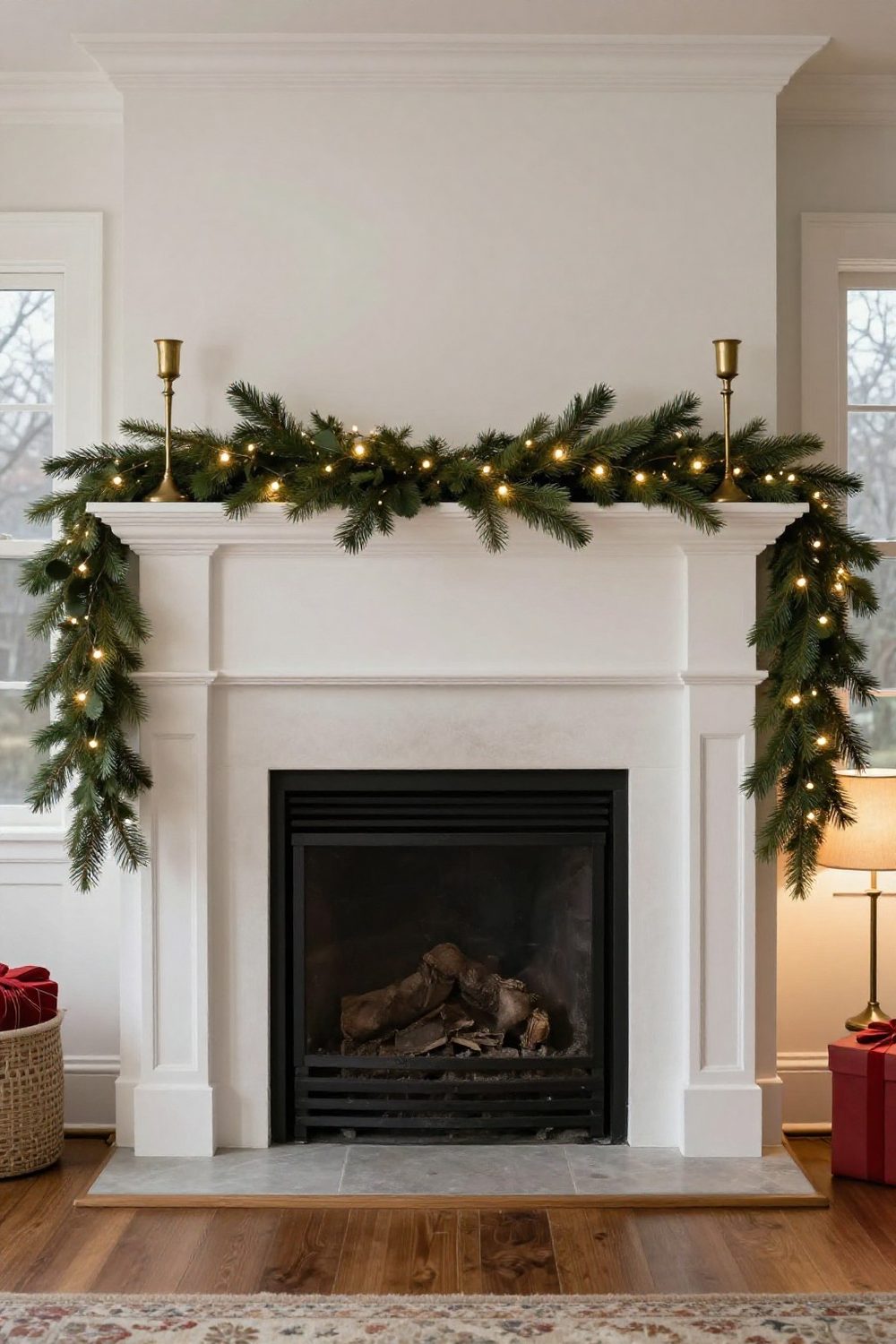 Fireplace mantel with full cedar and pine garland and warm candlelight, fire not lit