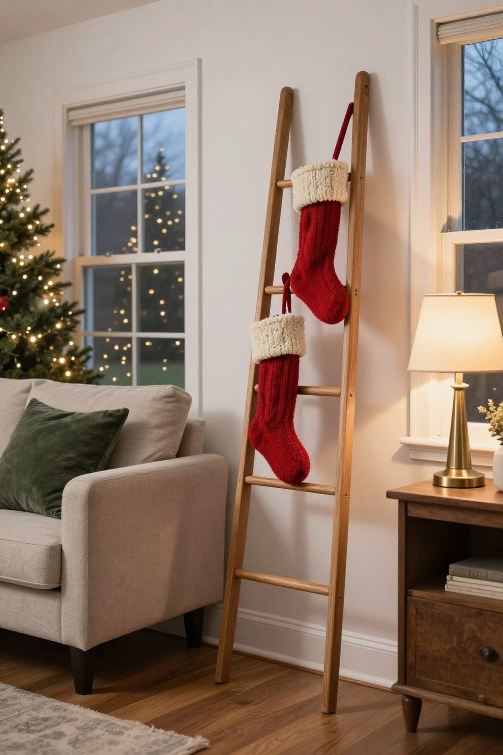 Knit Christmas stockings hanging from a wooden ladder leaning beside a sofa