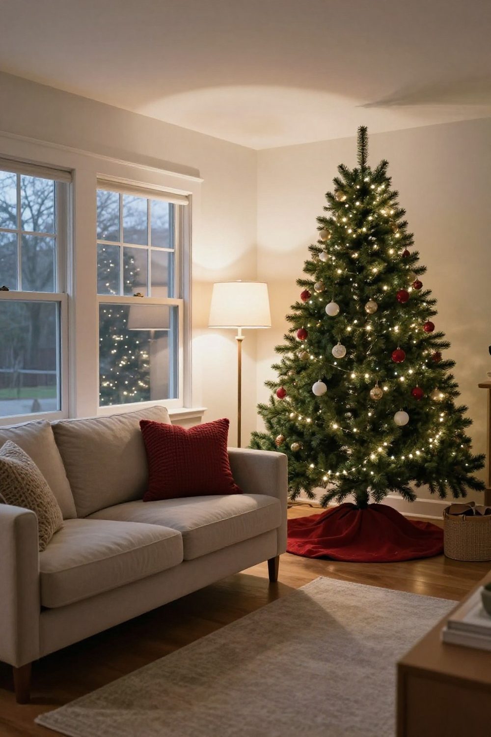 Living room at evening lit only by table lamps and Christmas tree lights