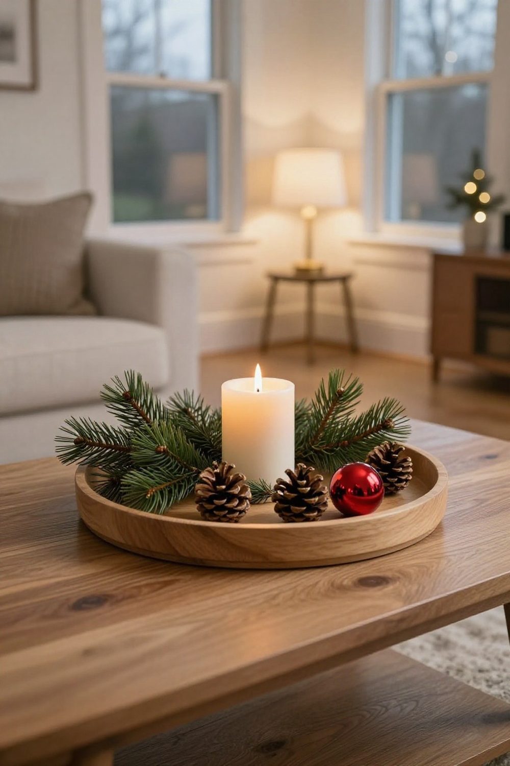 Wooden tray on a coffee table with a candle, small pine sprigs and pinecones