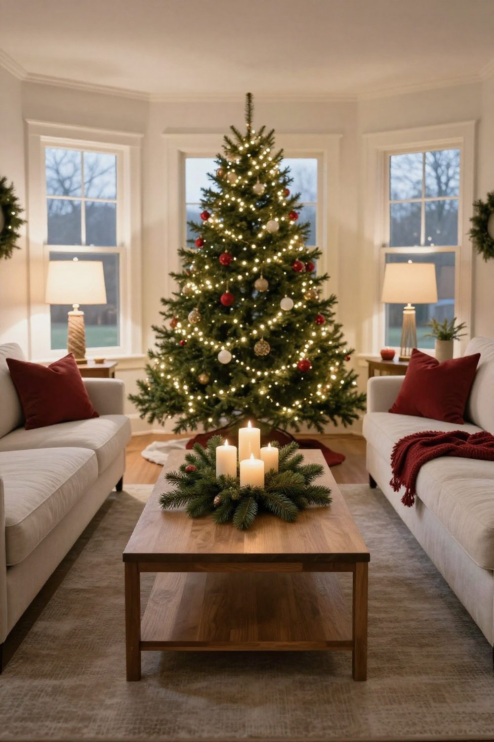 Low Christmas centerpiece of greenery and pillar candles on a coffee table between two sofas