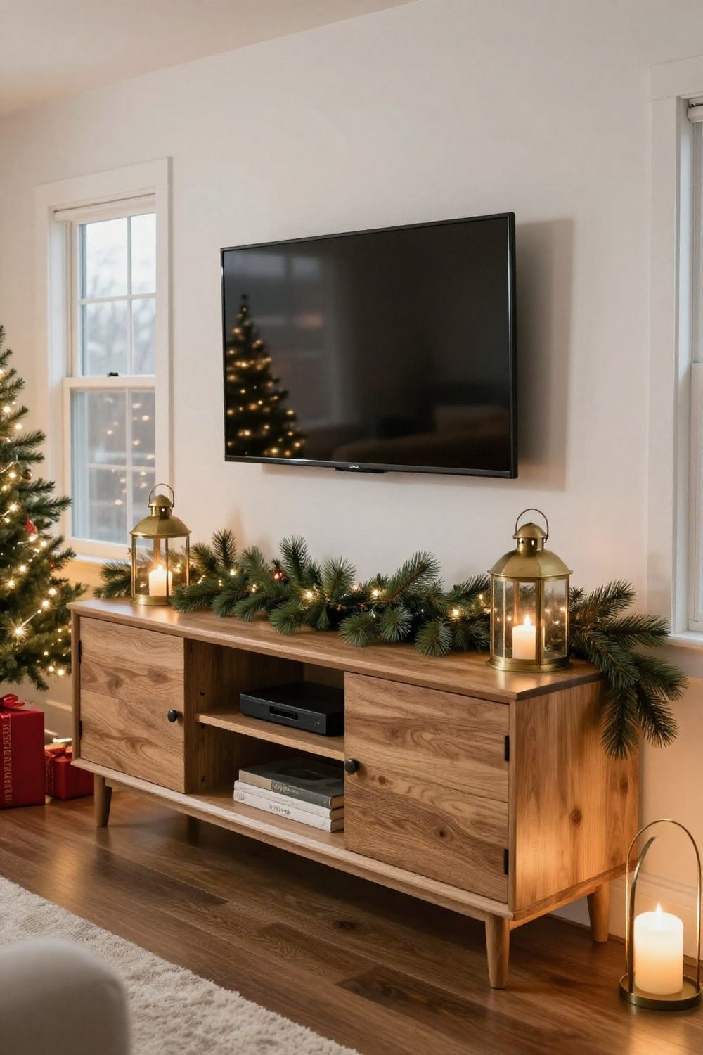 TV stand decorated with a low garland and brass lanterns, television above