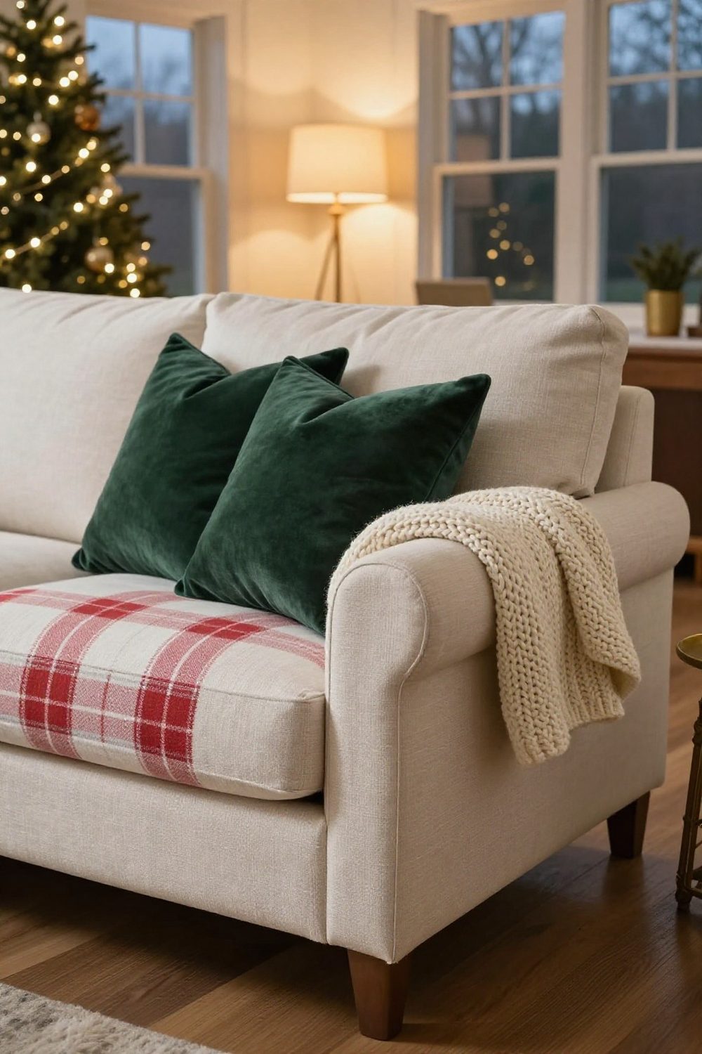 Sofa with red plaid and green velvet holiday throw pillows and a cream knit throw