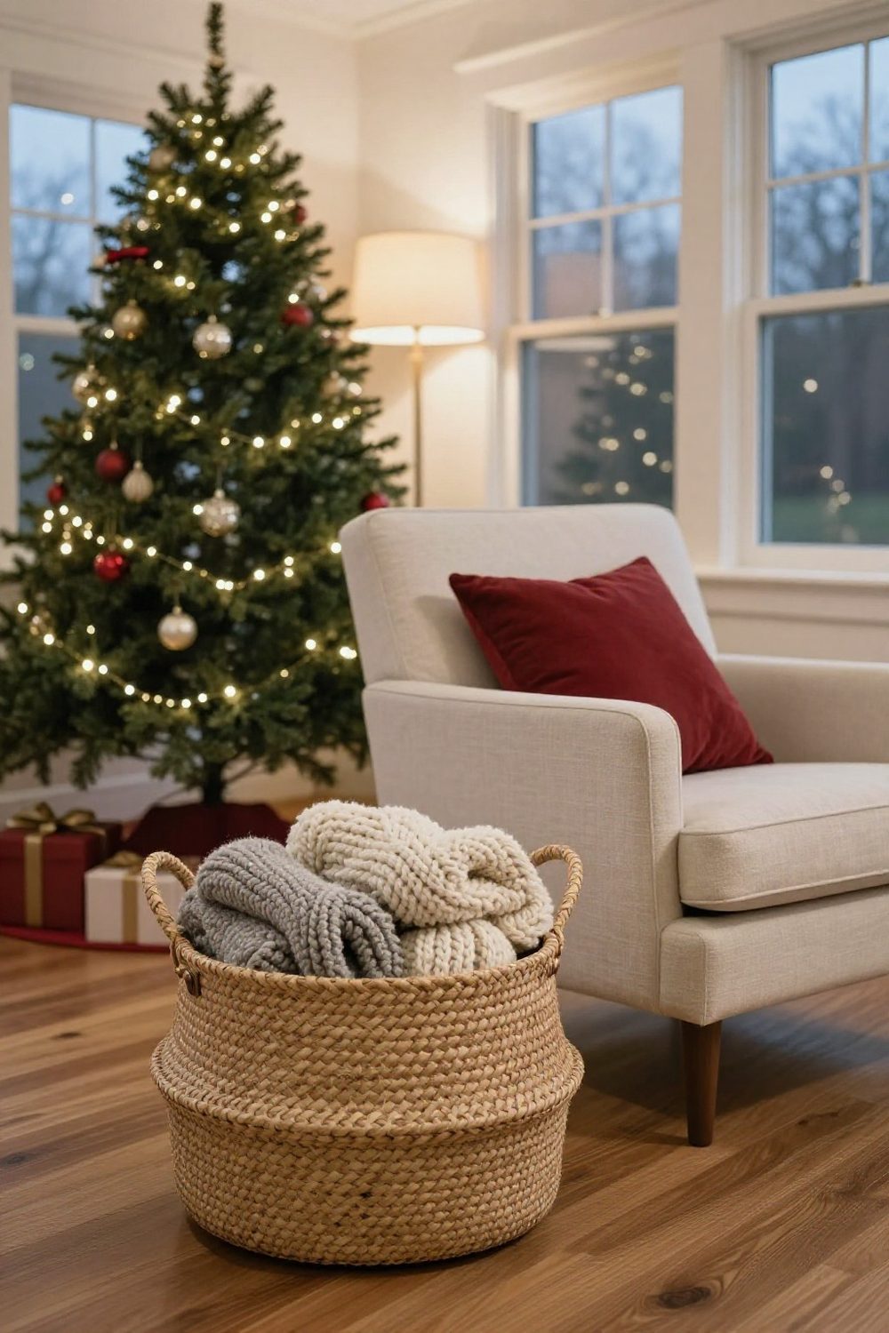 Woven basket of chunky knit throws beside an armchair near a Christmas tree