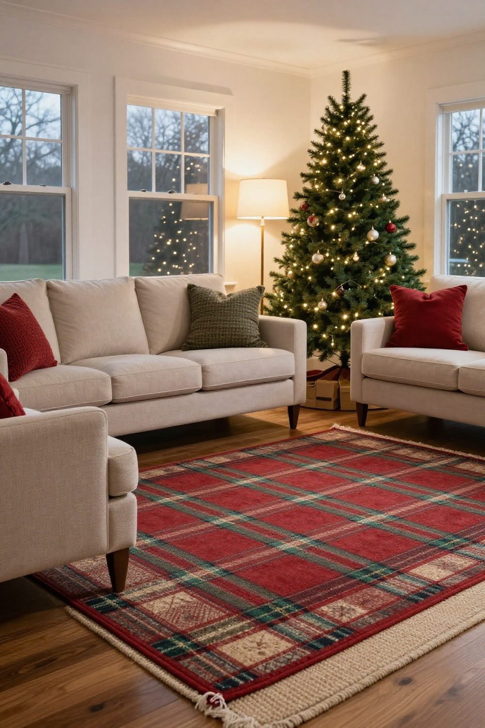 Red and green plaid rug layered over a larger neutral rug in a living room