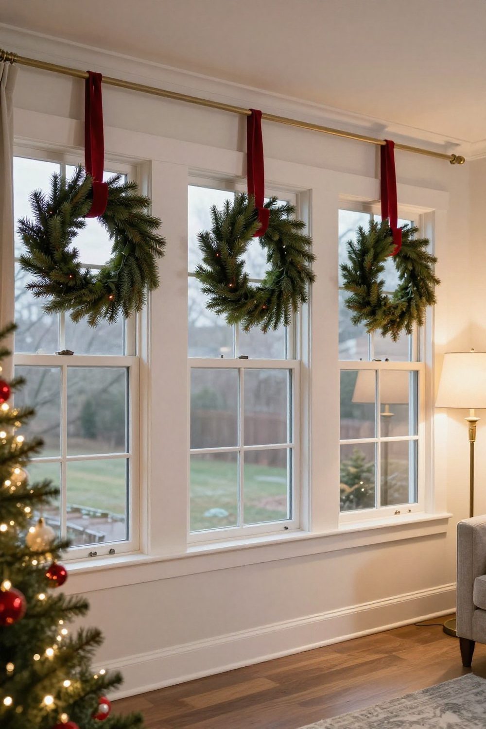 Small evergreen wreaths hung on red ribbons in each pane of a living room window