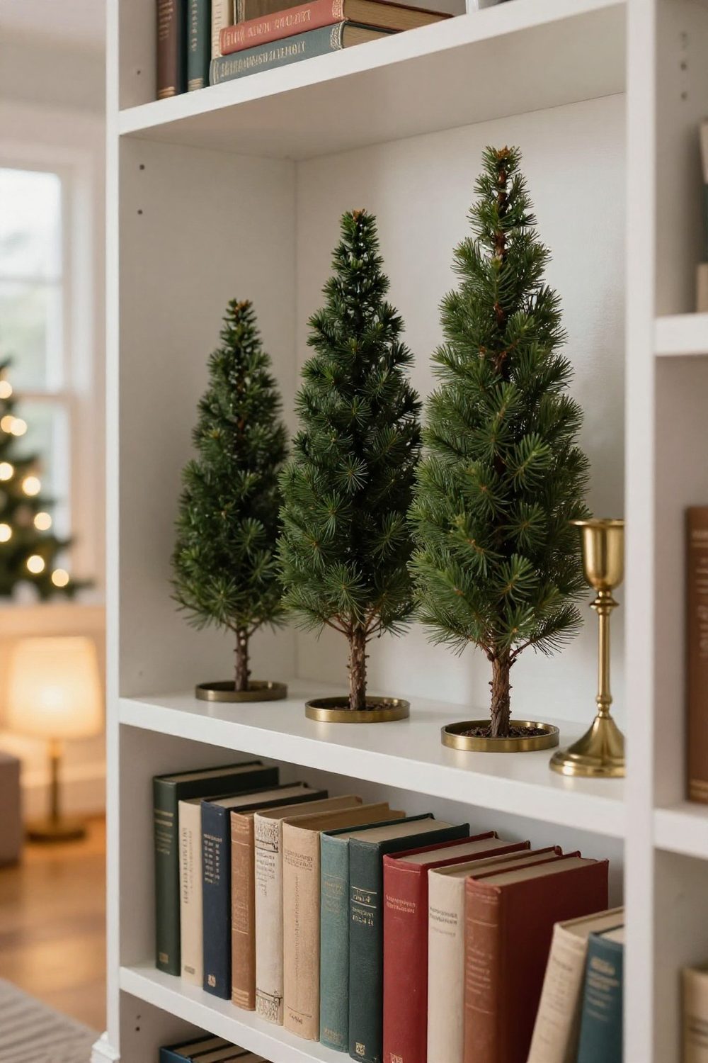 Bookshelf styled with small bottle-brush trees, books and a brass candlestick