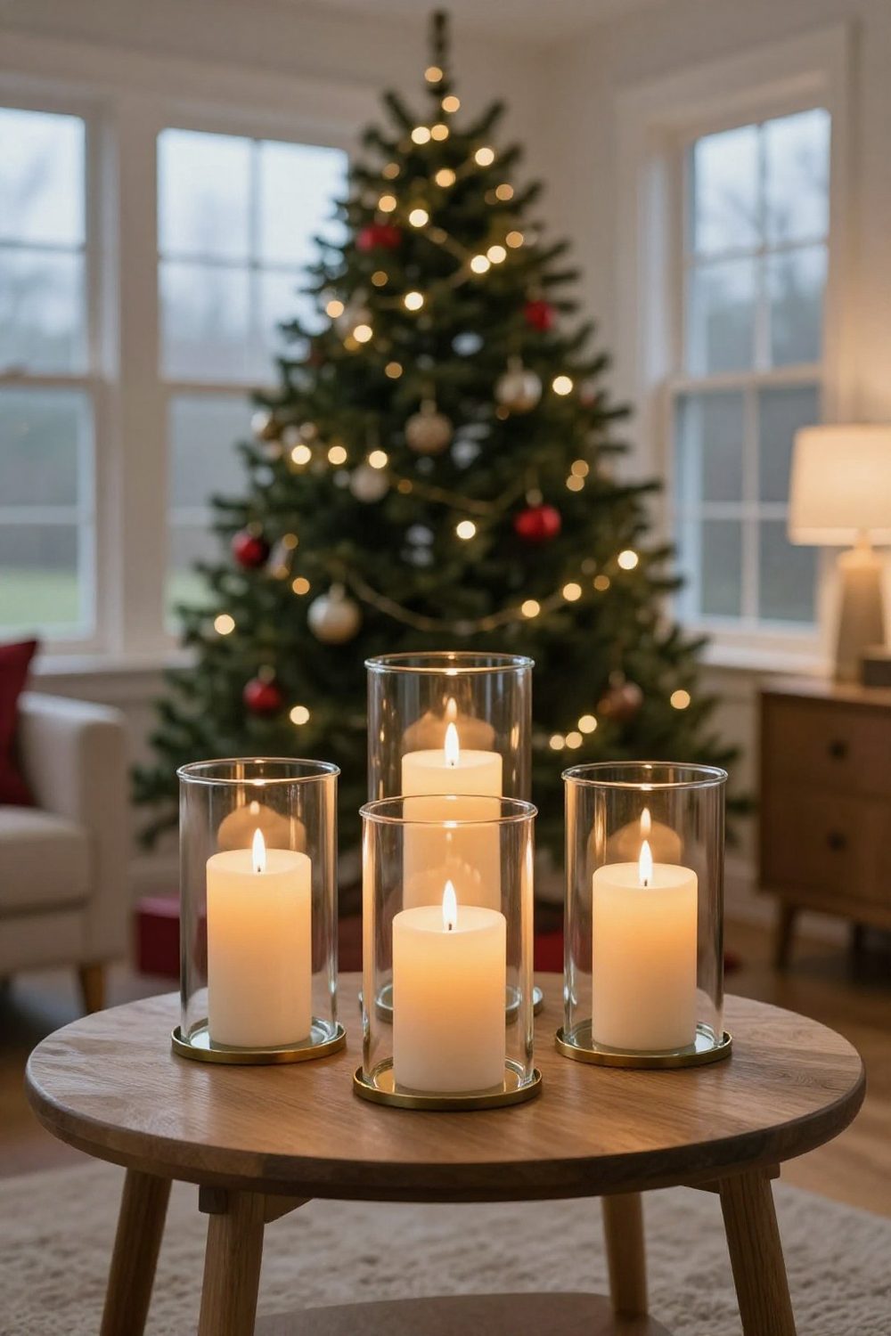Flameless pillar candles in glass hurricanes grouped on a side table
