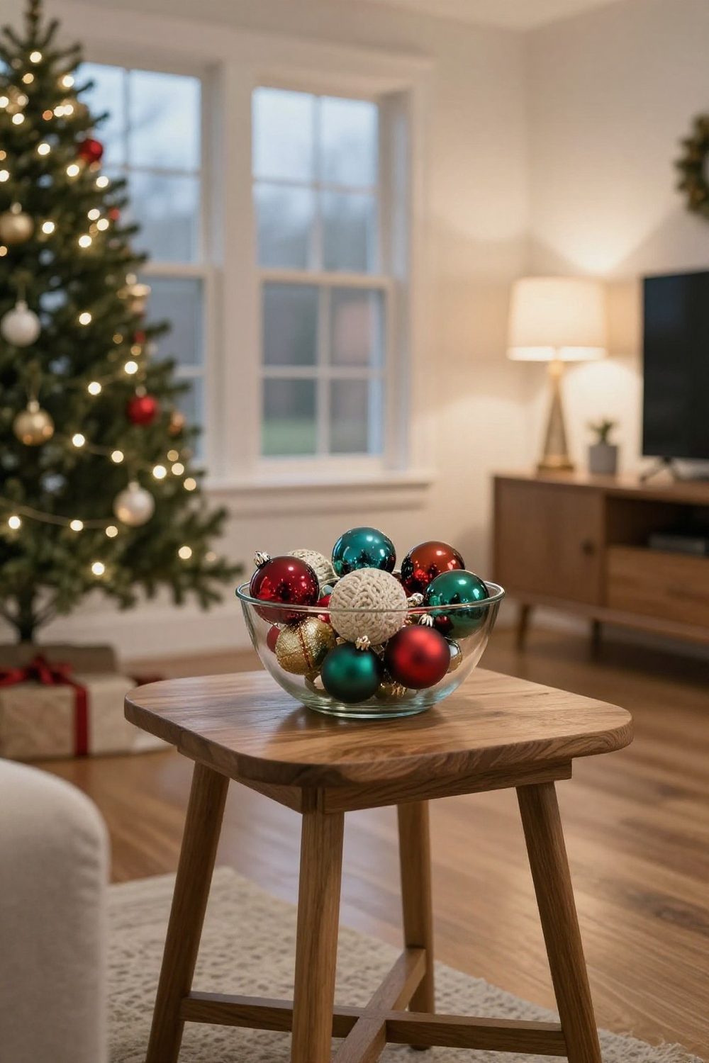 Glass bowl filled with vintage Christmas ornaments on a wooden side table