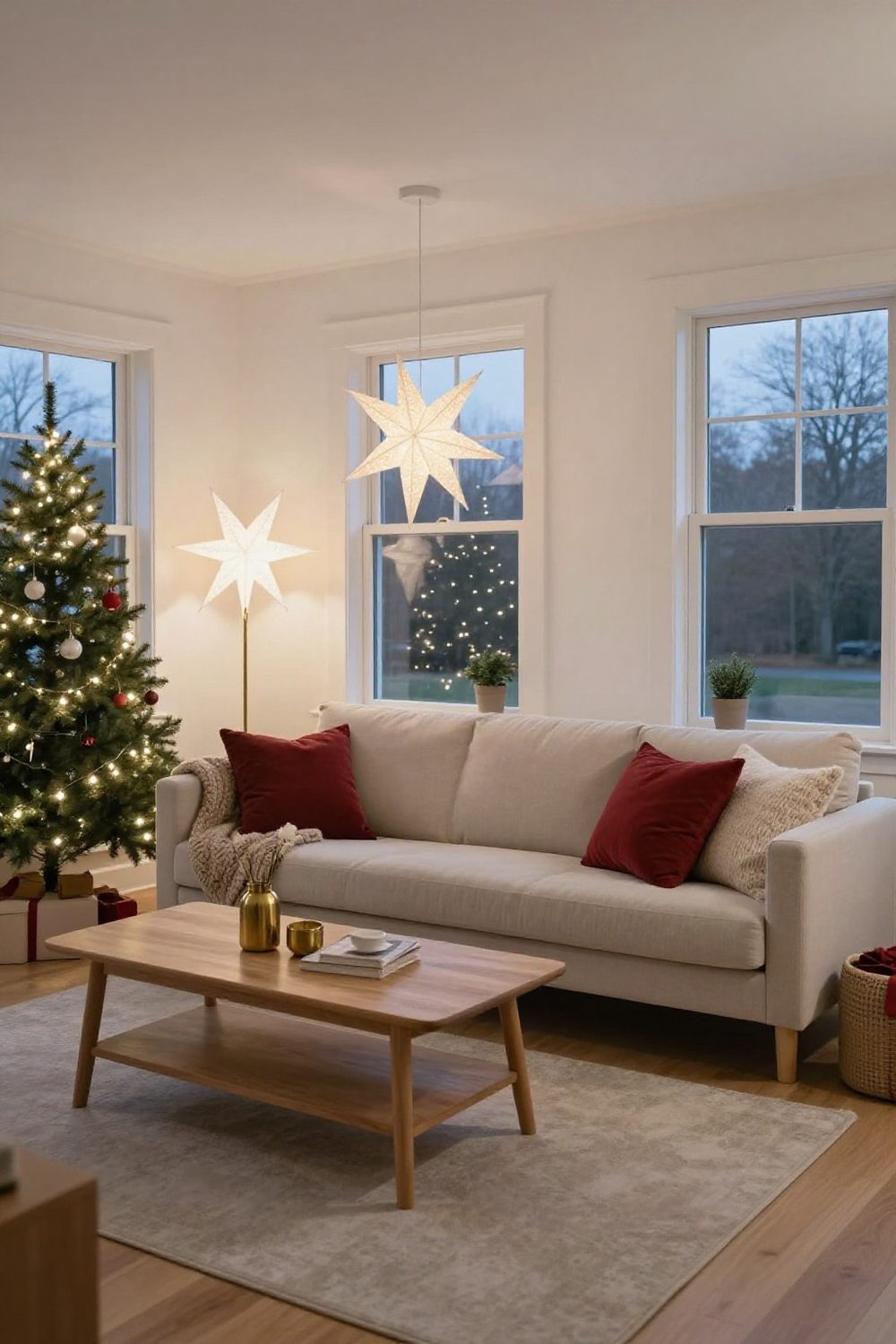 Scandinavian style living room with white paper star lanterns in the window