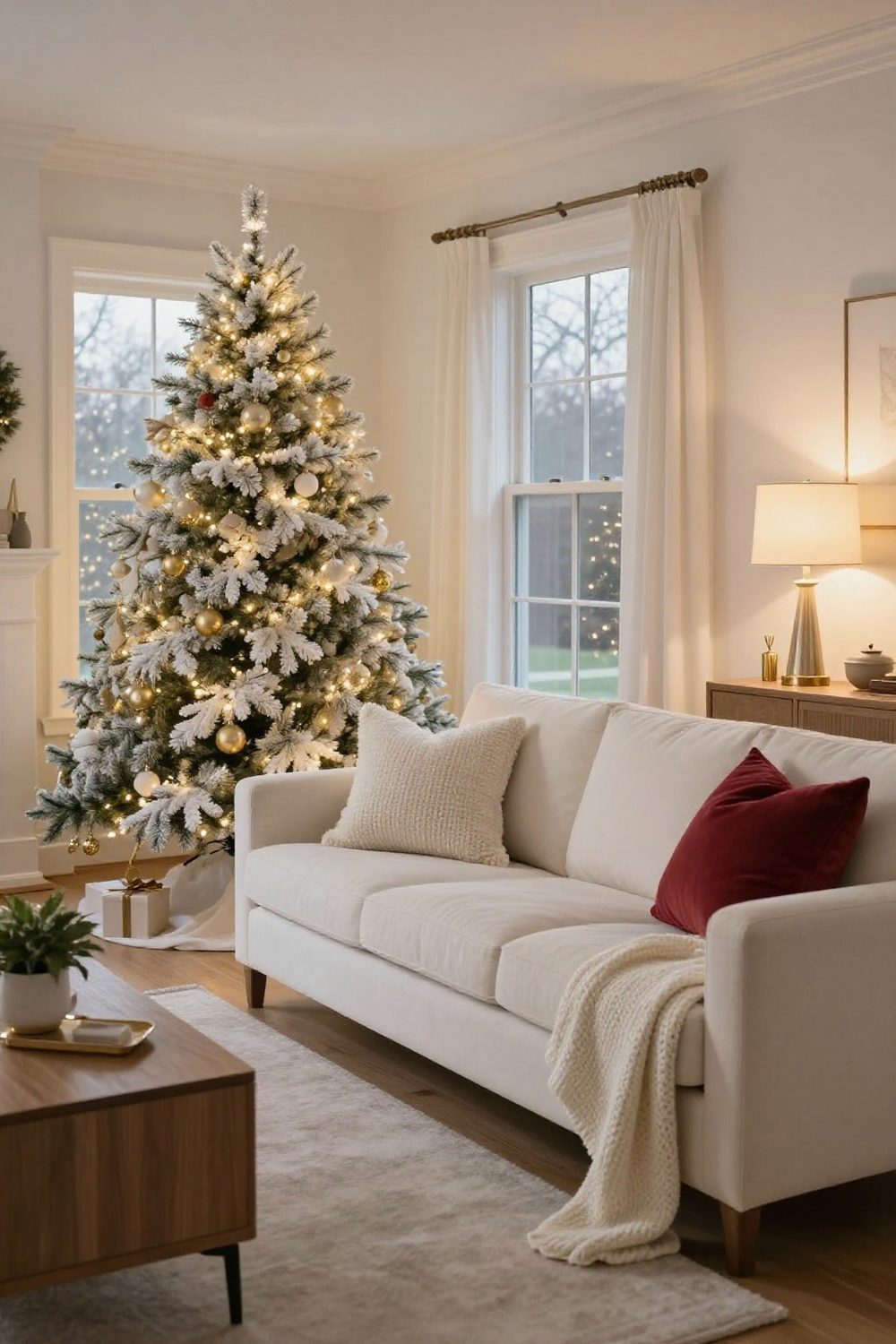 Elegant living room decorated for Christmas in white, cream and soft gold