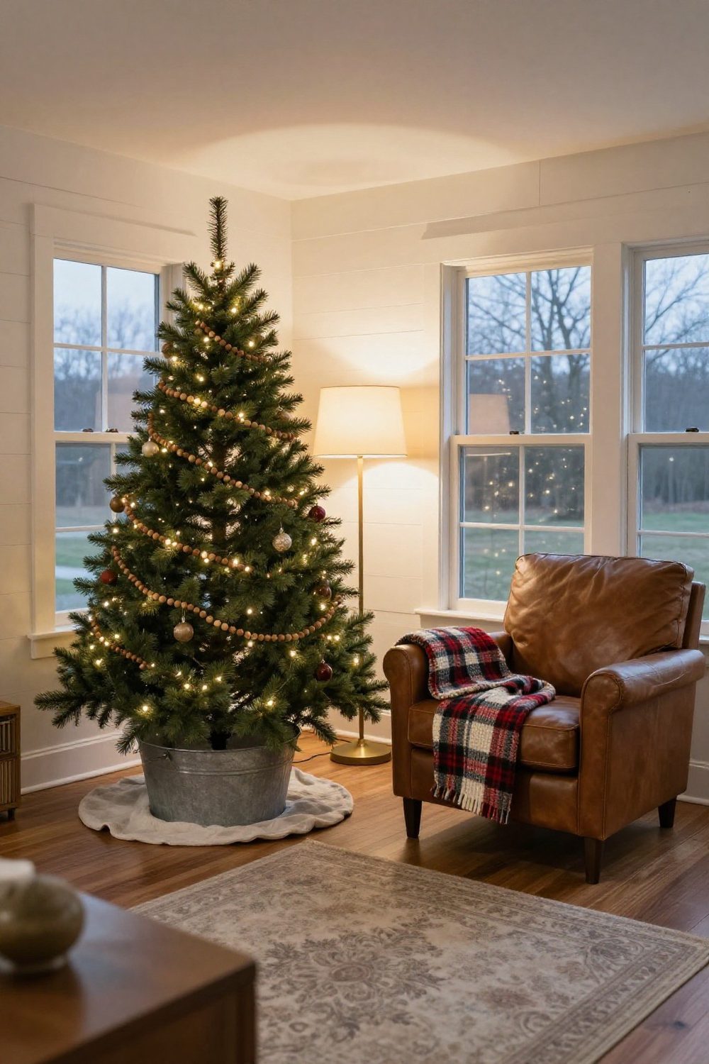 Farmhouse living room with wood bead garland, galvanized bucket tree stand and plaid blanket