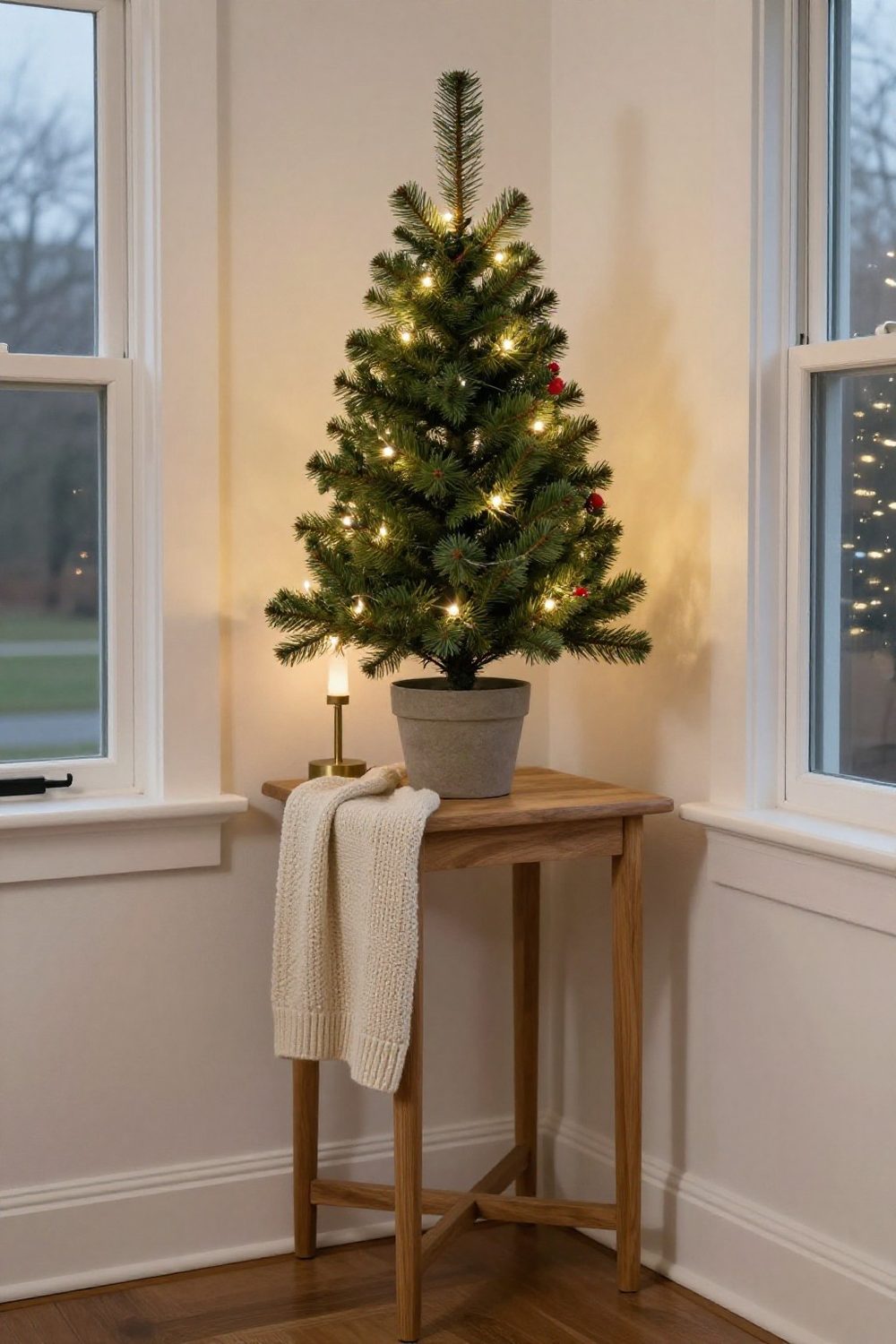 Small tabletop Christmas tree with warm lights on a console table in an apartment