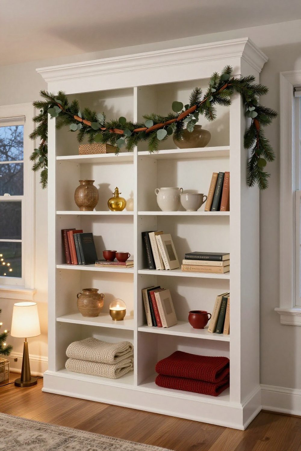 Built-in bookcase with cedar and eucalyptus garland draped along the top shelf
