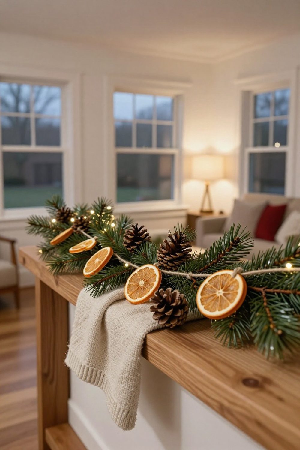 Dried orange slices and pinecones strung as a natural garland on a living room shelf