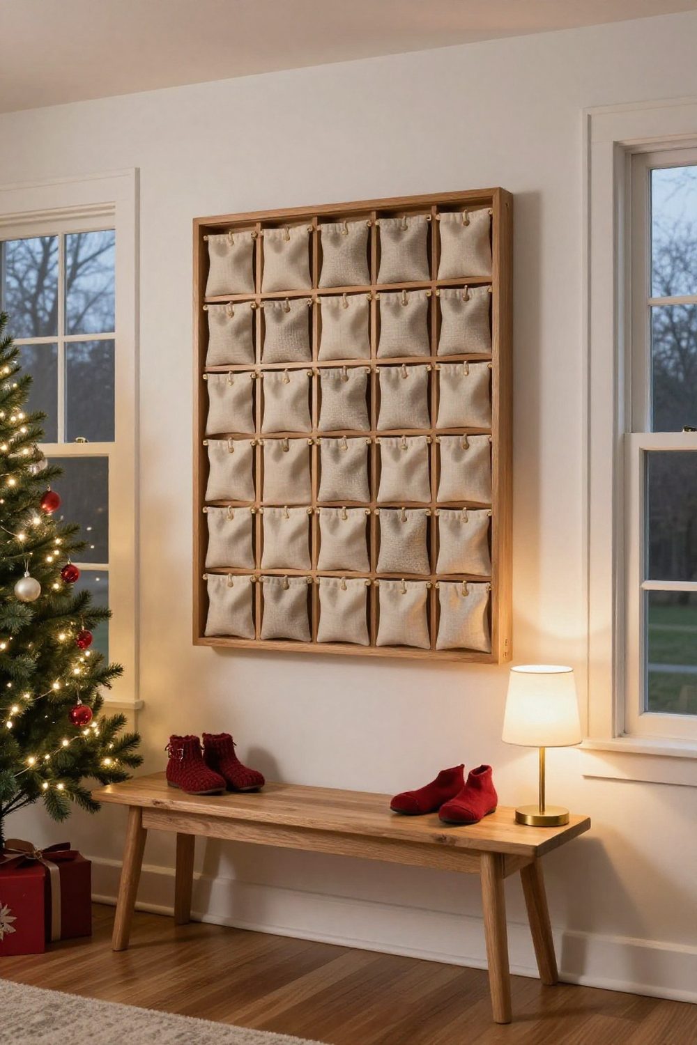 Wall-mounted wooden advent calendar with small numbered fabric pouches in a living room