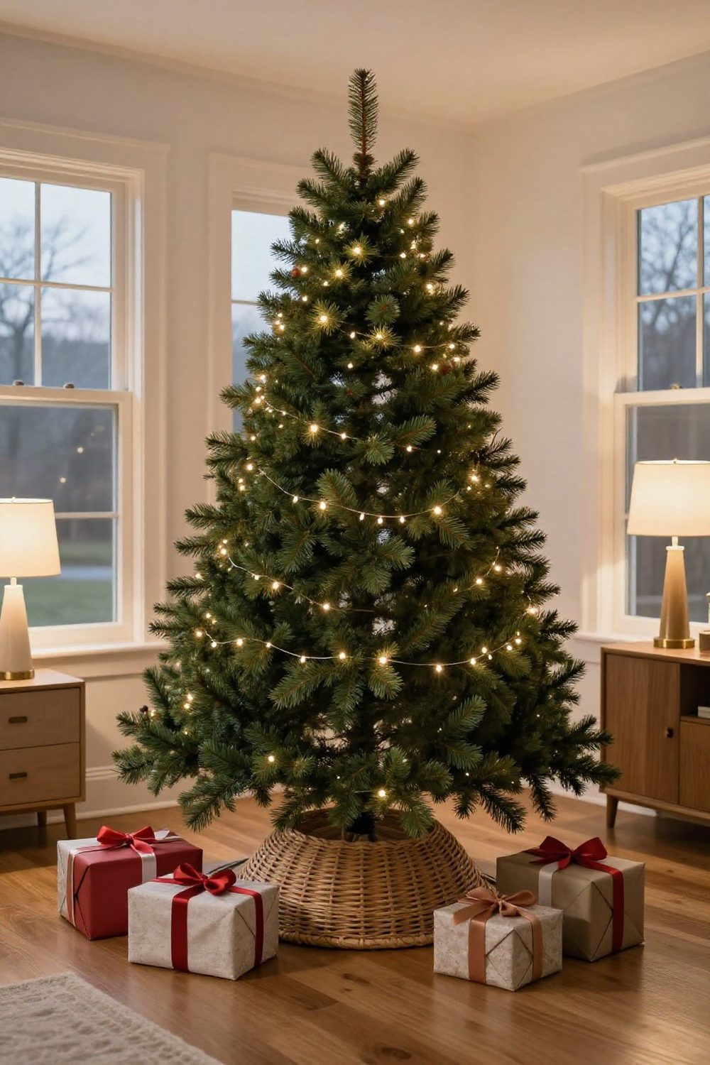 Christmas tree standing in a woven basket tree collar on a wooden floor