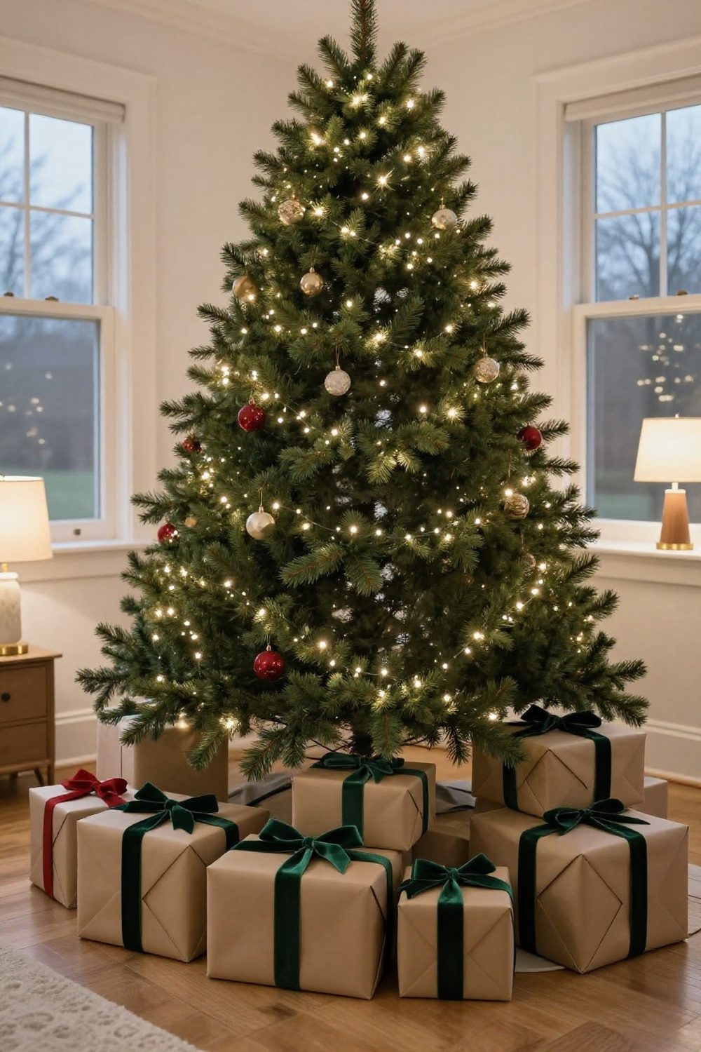 Gifts wrapped in matching kraft paper and green ribbon under a Christmas tree