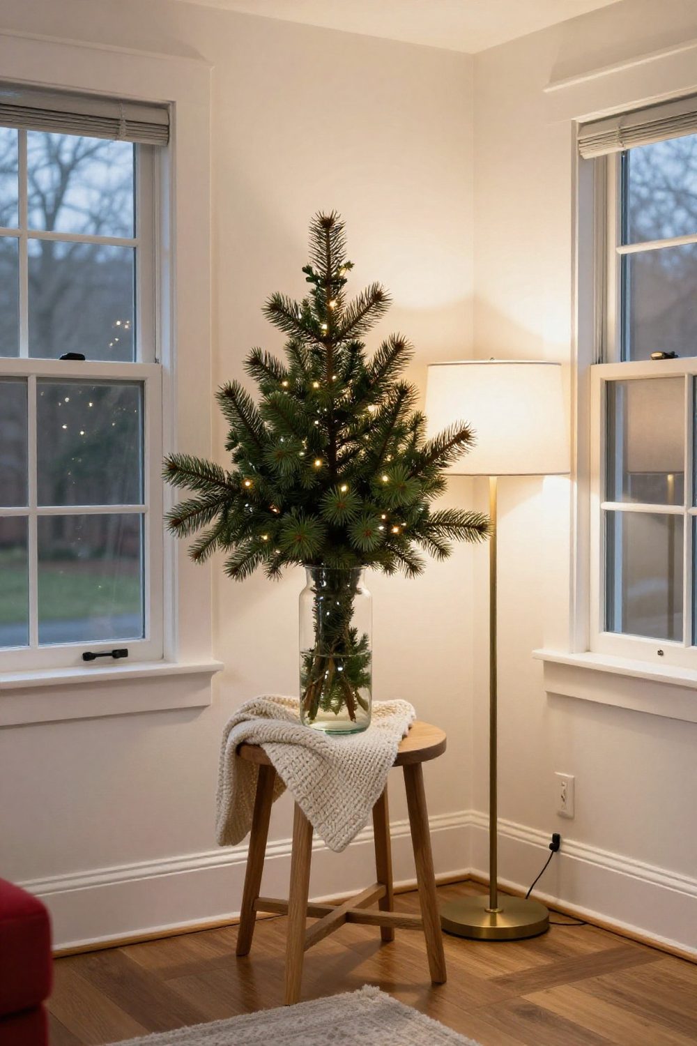 Glass vase of fresh evergreen clippings on a living room side table