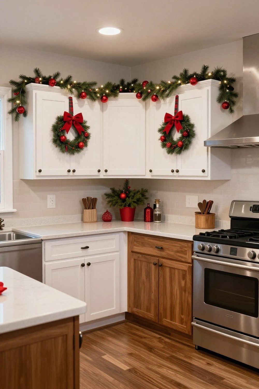 Christmas kitchen with garland along the top of white upper cabinets and wreaths on the cabinet doors
