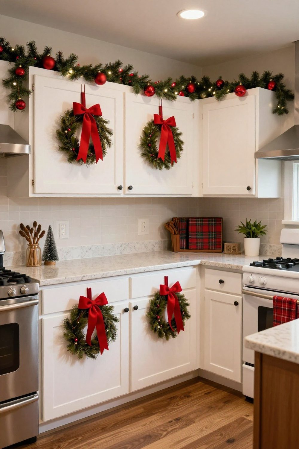 Small wreaths with red ribbons hung on white kitchen cabinet doors