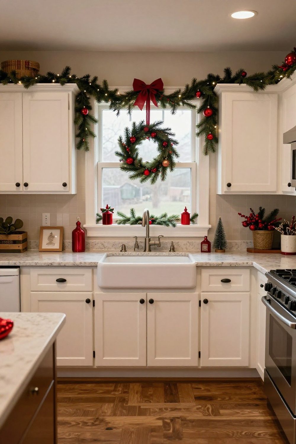 Kitchen window above the sink with a wreath and a garland of evergreen across the top